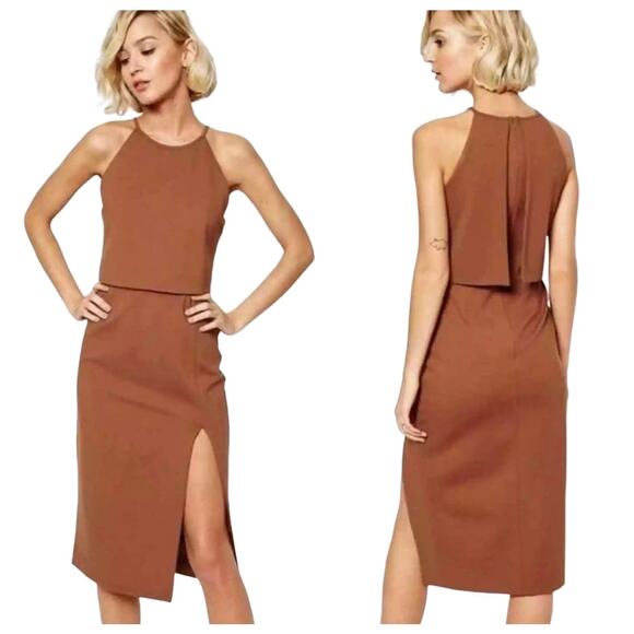 Lavish Alice Cognac Brown High Neck Sleeveless Midi Dress 8 NWT
